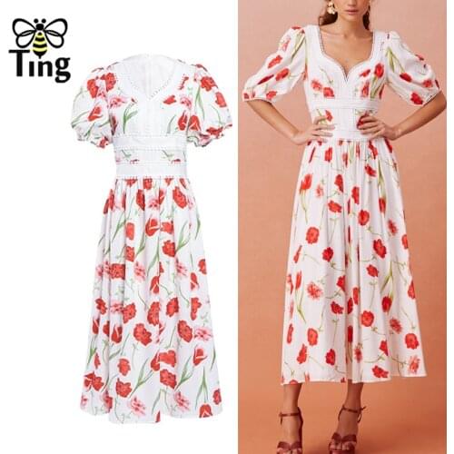 Tingfly Vintage Elegant Summer Puff Shor Sleeve Flower Print Midi Long Dresses Casual Lace Patchwork High Waist Painting Robes