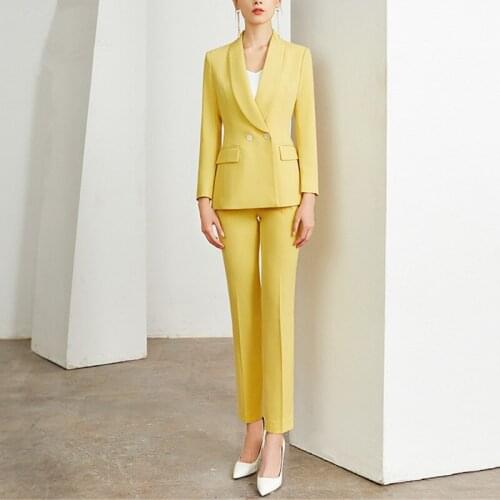 Elegant office lady yellow long sleeves double breasted blazer suit pant suits female pants suits womens blazer set