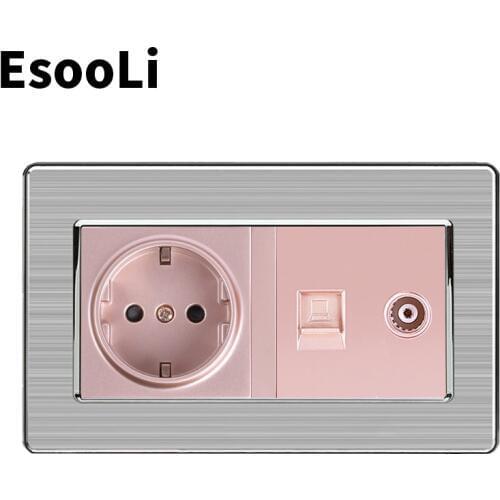 Esooli Gold EU Standard Wall Socket+Female TV With Internet Computer Data RJ45 CAT6E Connector Stainless Steel Brushed