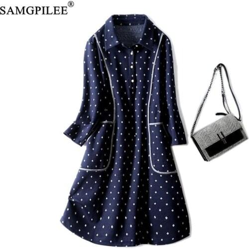 French Vintage Midi Dress 2021 New Casual A-line Print Full Sleeve Pockets Turn-down Collar Autumn Dresses Korean Style 4XL