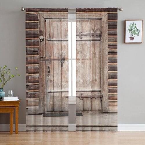 Brown Wooden Door Retro Style Chiffon Sheer Curtains for Living Room Bedroom Home Decoration Window Voiles Tulle Curtain