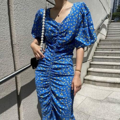 Korobov Korean Elegant Square Collar Puff Sleeve Dress Vintage Print Chiffon Trumpet Dresses Office Lady Sweet Slim Dress
