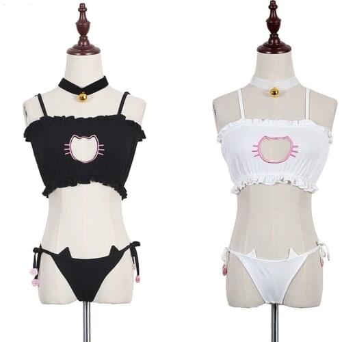 Cute Sexy Neko Cat Open Chest Bra Set Lolita Kawaii Women Hollow Out Paws Underwears Brief Set Sexy Lingerie+bell Choker 2colors