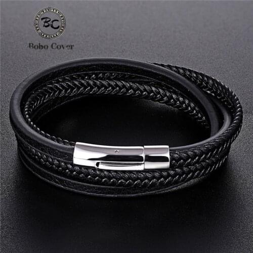 Fashion High quality Stainless Steel Leather Rope Survival Bracelet Men Women Black Braid Multilayer Wrap Charm Bracelets homme