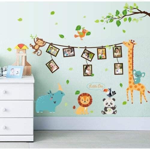Cartoon Animals Giraffe Monkey Lion Bird Photo Frame Tree Wall Stickers Classroom Kids Room Decoration Removable Wall Stickers