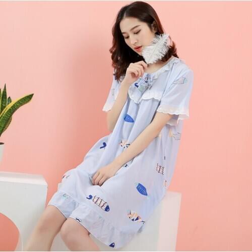 Short-sleeved dress plus size nightdress summer thin cotton pregnant women dress cute lace bathrobe loose casual