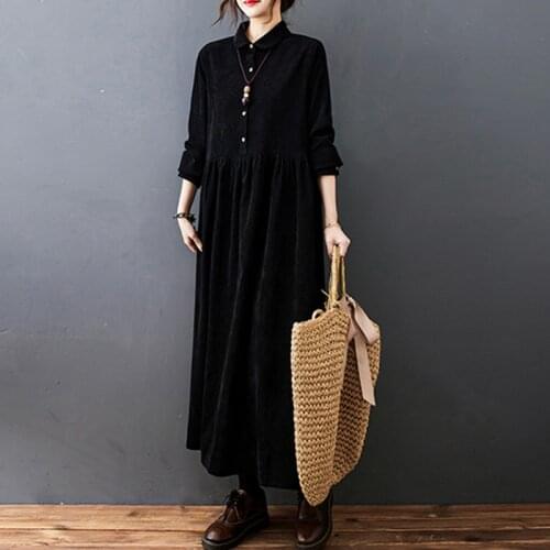 High Waist Stitched Solid Color Corduroy 2021 Spring Autumn New Long Sleeve Breasted Lapel Long A-Line Dress