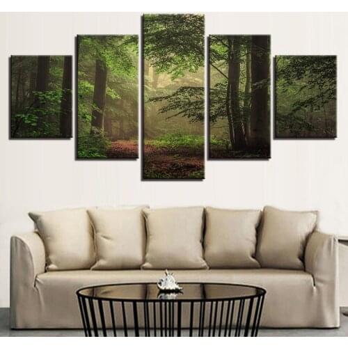 Printed HD Paintings Frames Decor Modern Home Living Room 5 Pieces Green Forest Scenery Posters Modular Canvas Pictures Wall Art