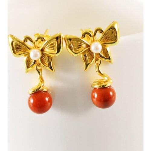 Real S925 Sterling Silver Gold Plated Retro South Red Court Style Butterfly Pearl Earrings Exquisite Charm Jewelry