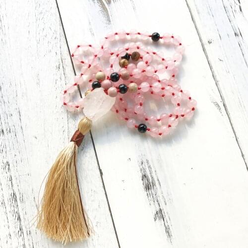 Rhodonite & Picture Jaspers & Black Onyx & Rosequartz 108 Mala Beads Necklace knotted Tassel necklace Prayer Meditation Beads