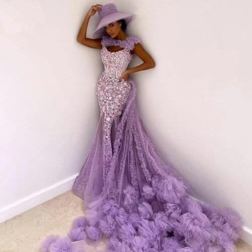 Unique Lilac Tiered Ruffles Purple Prom Dresses Mermaid Lace Appliques African Evening Dress Plus Size Backless Long Formal Gown