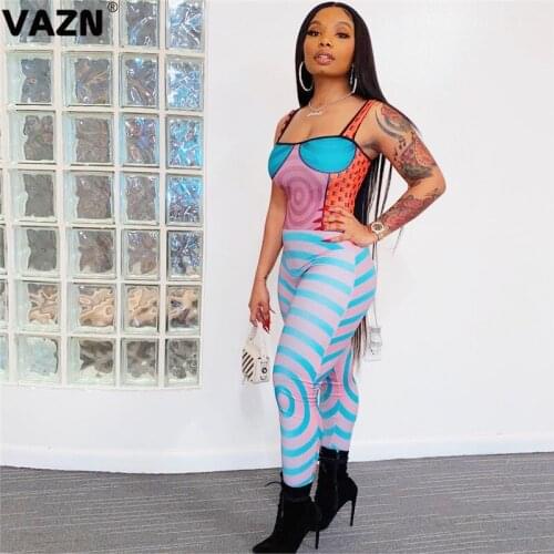 VAZN 2021 New Arrival Spaghetti Strap Jumpsuits Candy Color Soft Elastic Sexy Young Women High Waist Skinny Pencil Jumpsuits