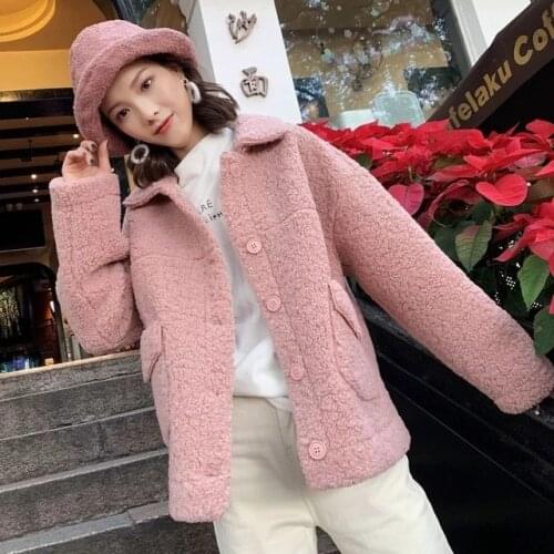 Women fur jacket thick warm faux cashmere two pockets furry jackets casual faux fur turn-down collar female winter styled coat