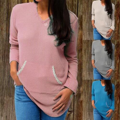 High quality 2020 new Women Autumn Winter Casual Solid Color V Neck Long Sleeve Pocket Sweatshirt