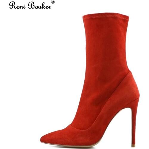 Roni Bouker Genuine Red Suede Women Elastic Ankle Boots Zip Pointed Toe Footwear Thin High Heels Female Booties Prom Shoes Woman
