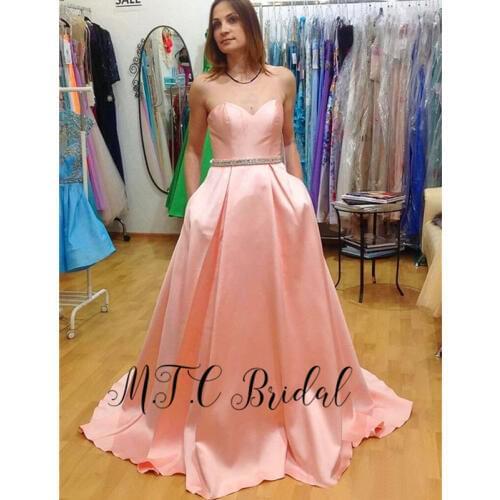 Hot Selling 2019 Pink Evening Dress Glitter Crystals Sashes A Line Long Satin Formal Dresses With Pockets Vestido De Festa Cheap