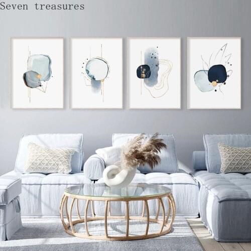 Modern Abstract Blue Gold Drawn Sketch Canvas Painting Minimalist Wall Art Poster Print for Living Room Home DecorationPicture