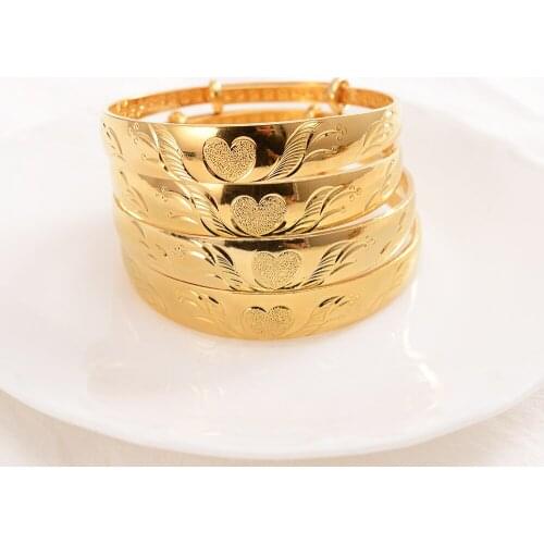 14 k Yellow Fine Solid Gold Bangle Filled Women Middle East Arab African Bracelets Heart Love Bracelet Adjustable Jewelry