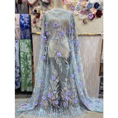 New Embroideried 3D flowers Tulle Mesh SYJ-426681 Lace Fabric with stone and sequins For Lady Dresses Costume Good Quality