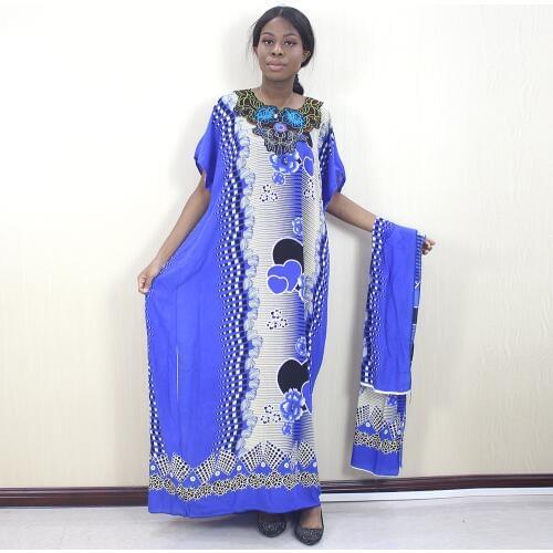 Dashikiage 2019 African Dashiki Ankara Heart-Shaped Printed Flower Appliques Blue 100% Cotton Women Dress