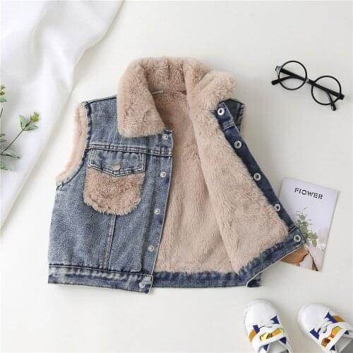 Baby Kids Denim Vest Jacket Autumn Winter Velvet Thicken Warm Jean Waistcoat Boys Girls Single-Breasted Casual Outerwear Tops
