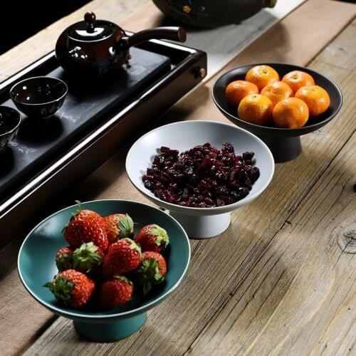 Chinese Retro Style Solid Color High Feet Ceramic Plate Porcelain Dessert Tray Fruit Snack Serving Platter Candy Dish