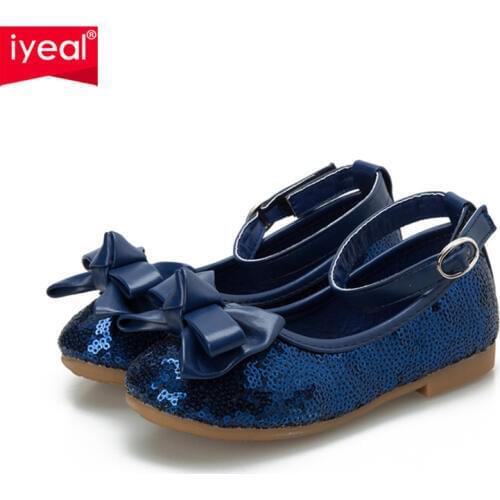 IYEAL Baby Girls Shoes For Children Princess Butterfly Sequins Flower Girl Glitter Formal Leather Kids Shoes Red/Navy Blue