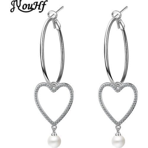 JYouHF New Design Big Hoop Earrings for Women Ladies Fashion Heart Micro Pave Cubic Zirconia Earrings with Pearl Pendant Jewelry