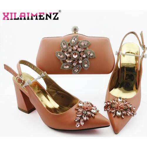 Peach Color Shoe and Bag Set New 2019 Women Shoes and Bag Set African Wedding Sandals Italian Shoes with Matching Bags Set