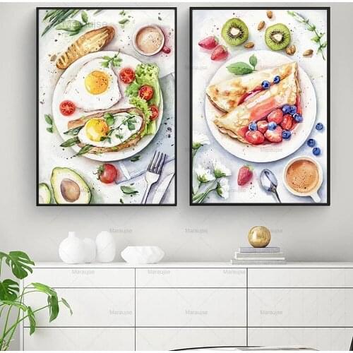 Kitchen Watercolor Funny Posters and Prints Foods Fruits Canvas Wall Pictures Brunch Breakfast Art Painting Dingroom Decor Gifts