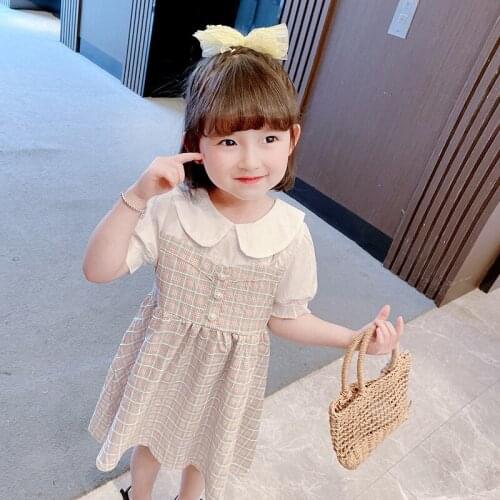 LISUNNY Girls Casual Dress 2021 Summer Children Princess Dress Retro Plaid Doll Collar Beach Dress Baby Kids Outdoor Clothes