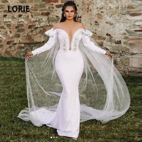 LORIE White Evening Dresses 2021 O-Neck Appliques Beaded Chiffon Long Formal Mermaid Prom Gowns Long Sleeves Arabic Party Dress