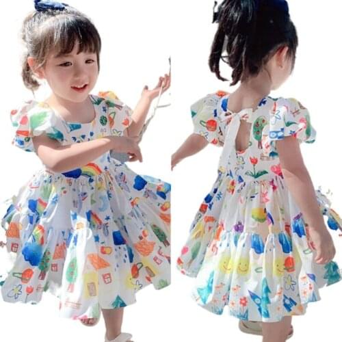 Little Girls Cute Graffiti Toddler-Dresses Summer 2 3 4 5 6 7 8 Purple Children Clothes Shorts Sleeve Ruffle Princess Dress