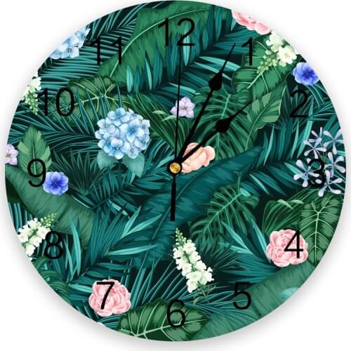 Nordic Style Flowers And Palm Leaves Print Wall Clock Wall Art Silent Non ticking Round Wall Watch for Home Decortaion Best Gift