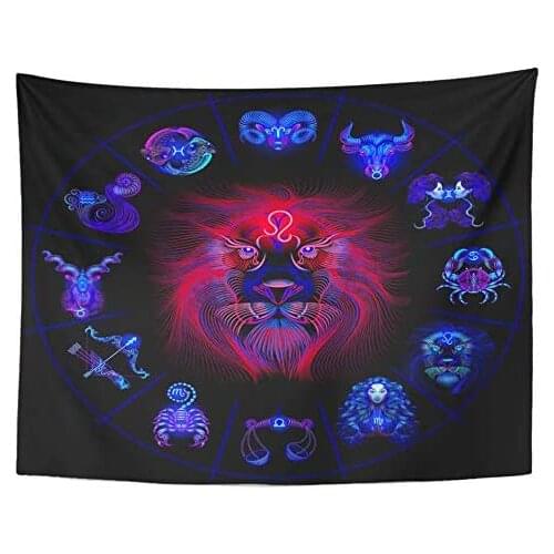Lion Neon Horoscope Circle with Signs of Zodiac Astrology Leo Pisces Cancer Sun Table Cover