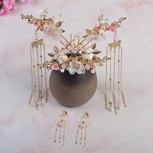 Ancient Style Immortal Headdress Tassel Hairpin women Crown Comb Pair of Hair Stick Costume wedding hair jewelry
