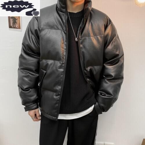 New Fashion Mens Loose Fit Pu Leather Parkas Thick Warm Stand Collar Motorcycle Windbreaker Overcoat Male Brand Clothing Jackets