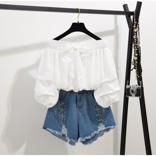 2020 Summer two piece set New Off Shoulder Loose Half Lantern Sleeve Solid Cute Blouse Jean Shorts Two-Piece Outfit Casual Sets