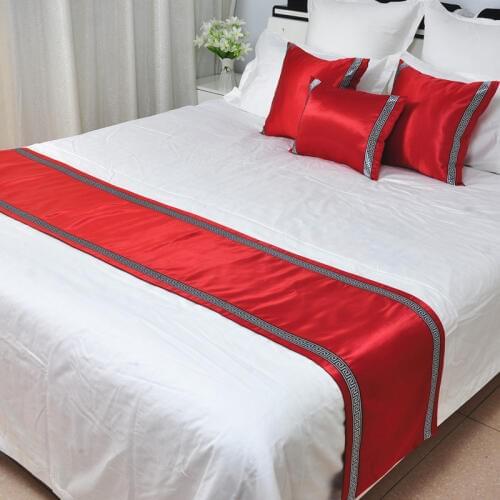 New Chinese Style Red Pure Color Lace Trimmings Bed Runner Champagne Bed Spread Home Hotel Decoration Bed Flag Cover Pillowcase