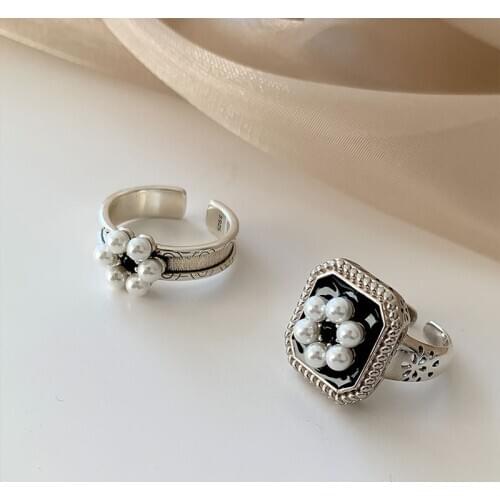 Origin Summer Unique Design Flower Pearl Open Ring for Women Vintage Black Square Geometrical Ring Party Jewelry Accessories