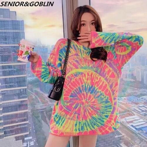 Autumn Winter Harajuku Flame Knitting Long Sleeve Sweater Casual Long Women Tide Printed Sweater Loose Mohair Colored Pullovers