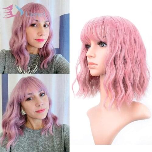 Uenel Pastel Wavy Wig With Air Bangs Women Short Bob Wig Pastel Synthetic Cosplay for Girl Colorful Costume Wig 12" Purple Pink