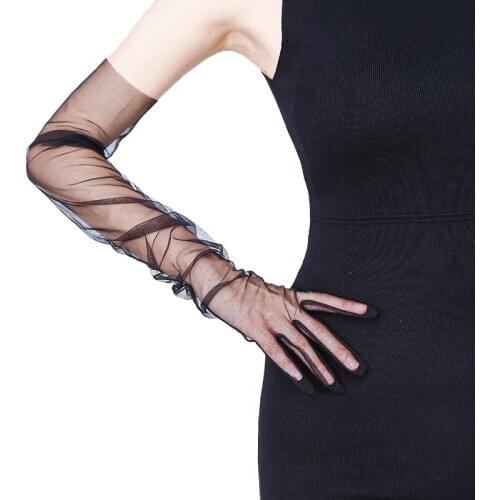 70cm Sexy Black Lace Net yarn Mesh Breathable Long Gloves Hollow Transparent Thin Touch Screen Summer Sunscreen Man Women Gloves