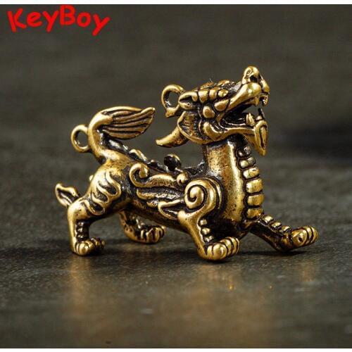 Retro Brass Chinese Mythical Beast Qi Lin Pendants for Keychains Men Women Car Key Chain Rings Hanging Lucky Feng Shui Jewelry