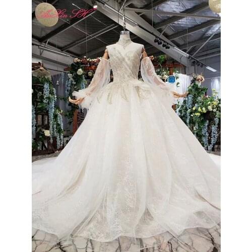 AnXin SH Luxury princess white flower lace high neck beading crystal long sleeve champagne glaring wedding dress 100% real photo