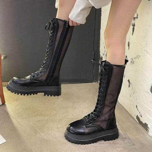 Summer mesh knight boots Korean style hollow thick-soled increase high boots Fashion Shoes Mid-Calf Round Toe Botas Mujer880