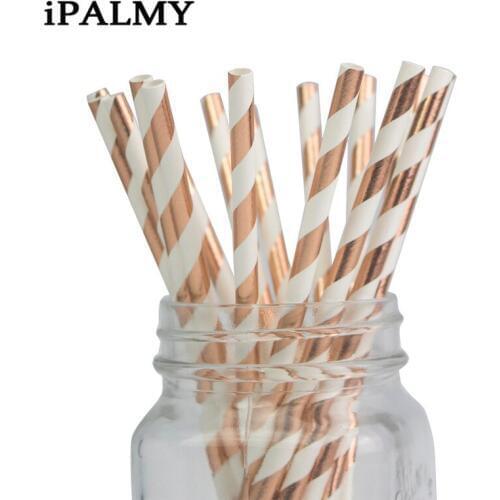 250pcs Rose Gold Foil Paper Drinking Straws Striped Plain Party Supplies Party Decor Bar Cart Accessories Graduation Party