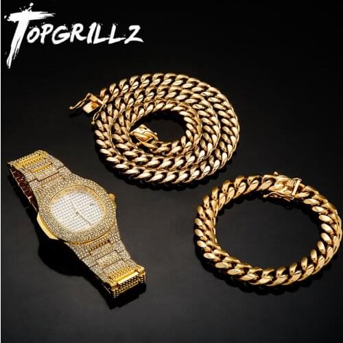 TOPGRILLZ Iced Out Luxury Mens Watch and 12MM Stainless Steel Necklace Bracelet Set Hip Hop Fashion Jewelry Gift For Men