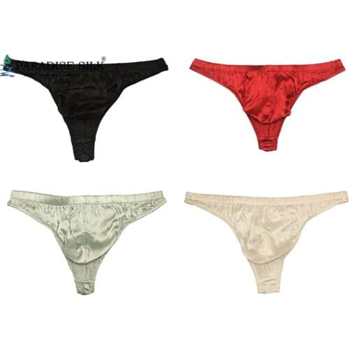 Mens Thong Briefs 4 Pair 100% Silk Satin Sexy Underwear Pouch Design Solid Size US S M L XL XXL