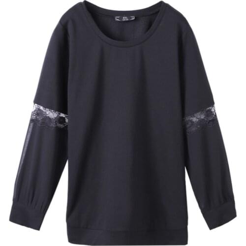 Plus Size 10XL 8XL 6XL 4XL Women Long Sleeves Spring Tee Shirt Femme O Neck Cotton Blend Black Tops Lace Patchwork Slim T Shirts